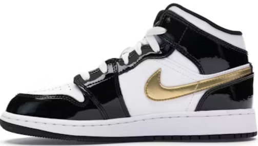 Jordan 1 Mid Patent White/Black/Gold
